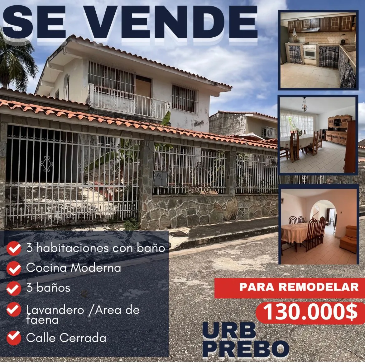 Casa en Venta en Prebo I — 5 hab 179m² — USD 130,000
