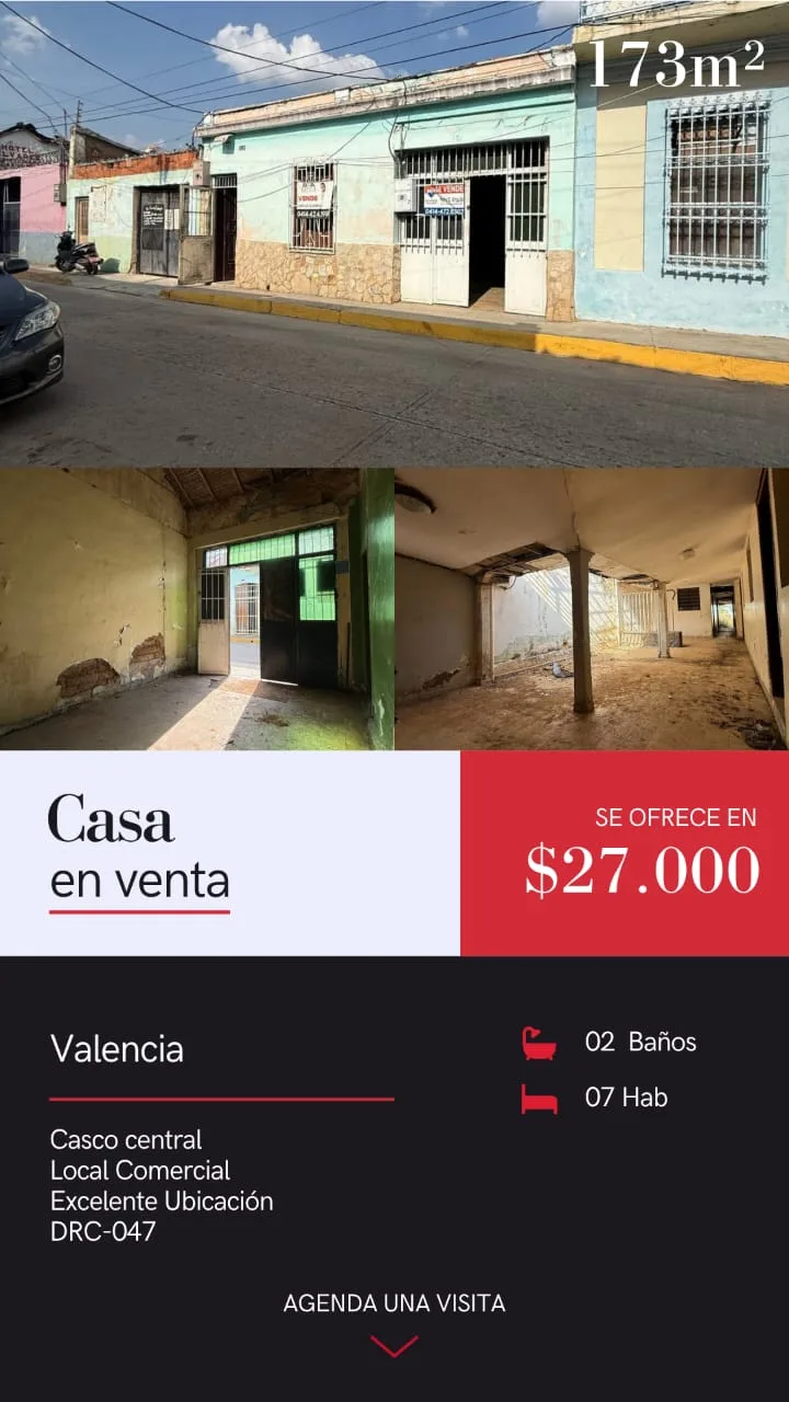 Casa en Venta en Valencia, Casco central, Calle Farriar, a escasos metros de la av. Cedeño — 7 hab 173m² — USD 27,000