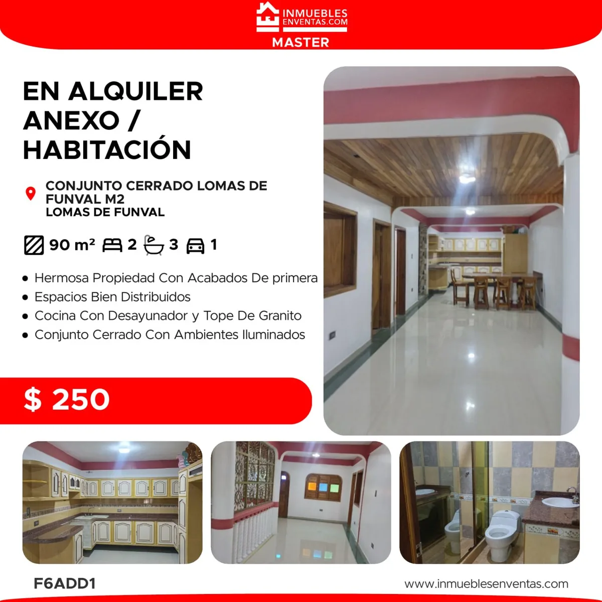 Apartamento en Venta en CONJUNTO CERRADO LOMAS DE FUNVAL M2 LOMAS DE FUNVAL — 2 hab 90m² — USD 250