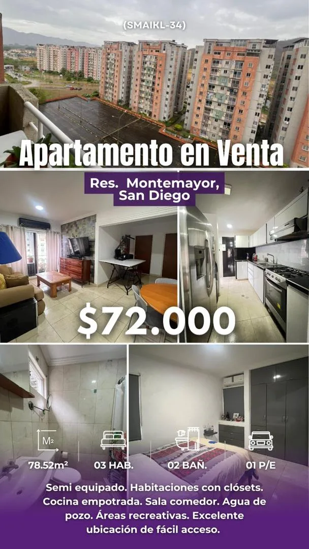 Apartamento en Venta en conjunto residencial Montemayor, San Diego — 3 hab 78m² — USD 72,000