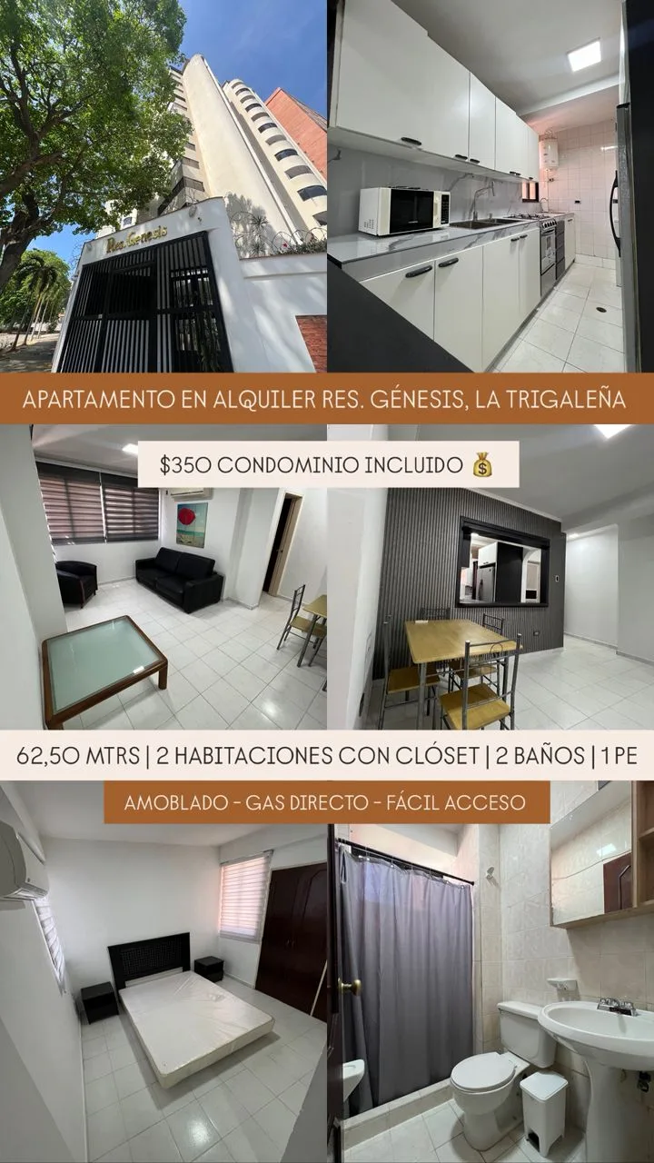 Apartamento en Alquiler en Conjunto Res. Genesis, Urb. La Trigaleña, Valencia — 2 hab 62m² — USD 350