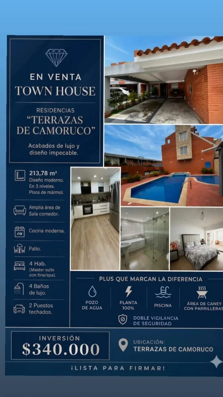Townhouse en Venta en Terrazas de Camoruco — 4 hab 214m² — USD 340,000