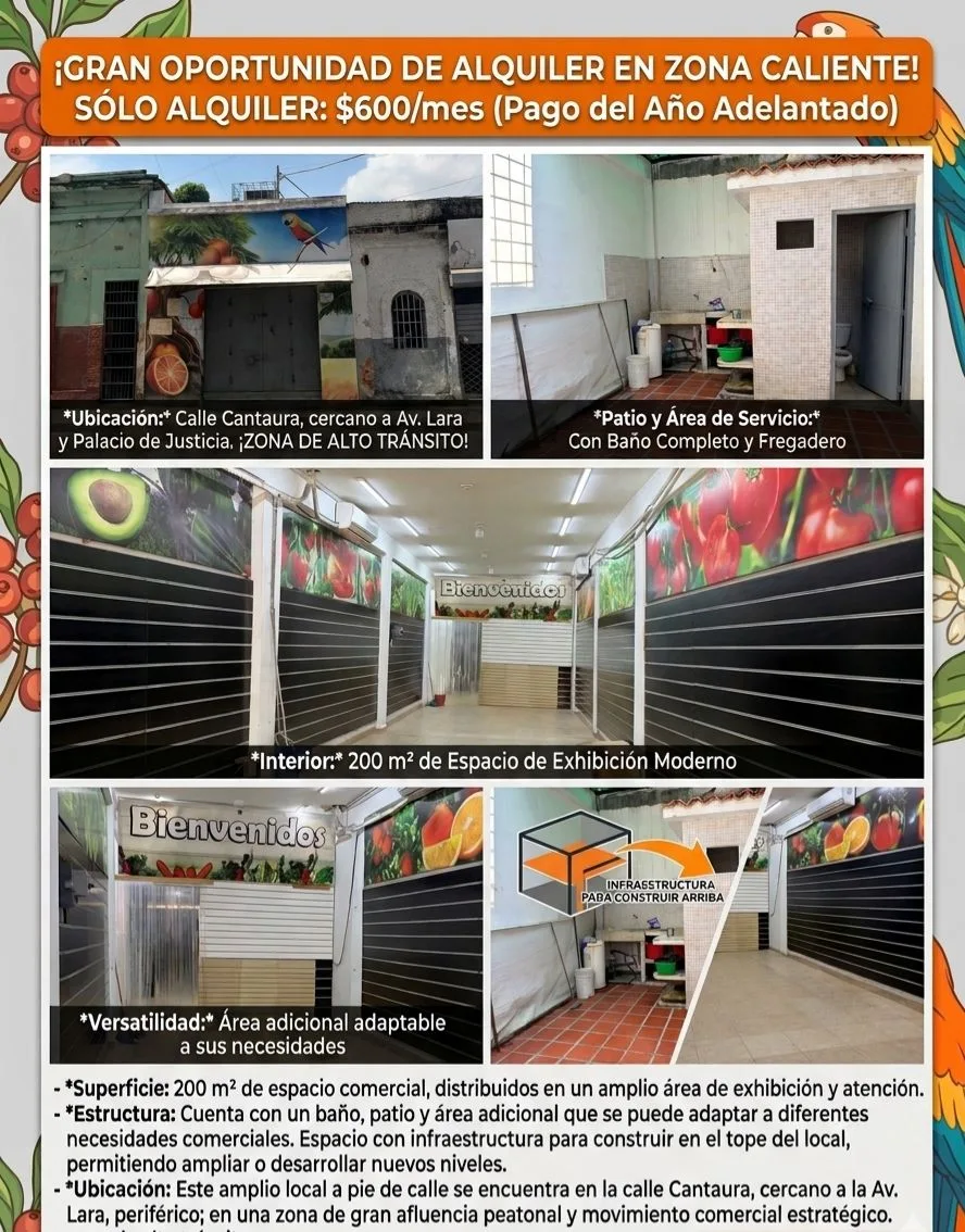 Local en Alquiler en calle Cantaura, cercano a la Av. Lara, periférico 200m² — USD 600