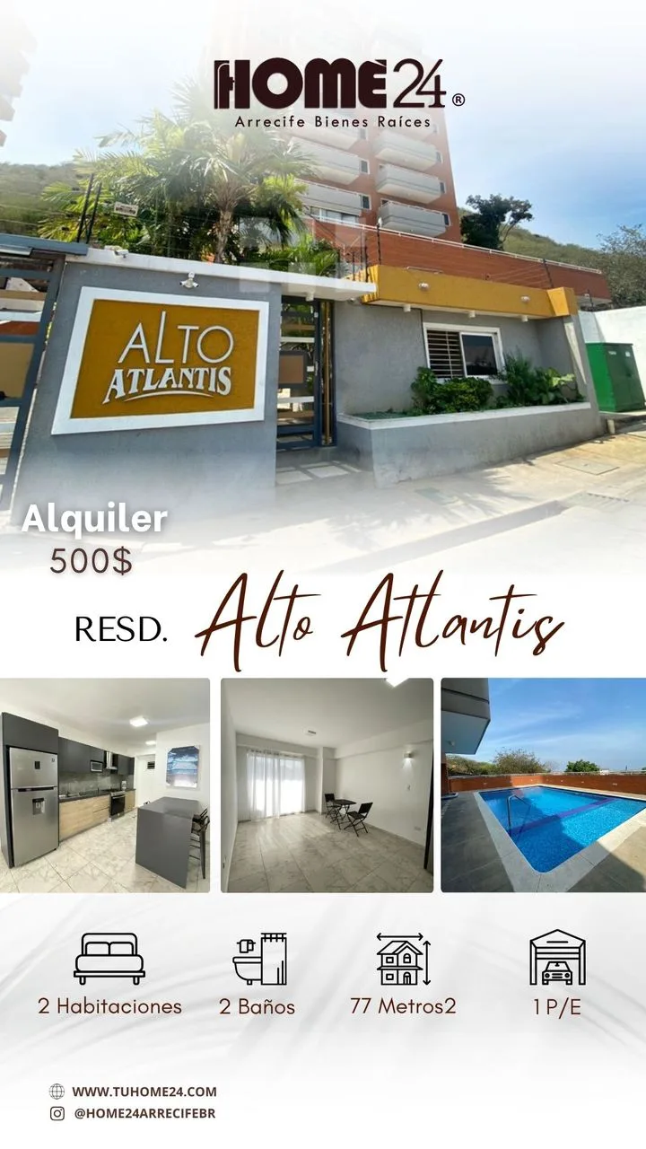 Apartamento en Alquiler en Lechería, sector las garzas, Residencias Alto Atlantis — 2 hab 77m² — USD 500
