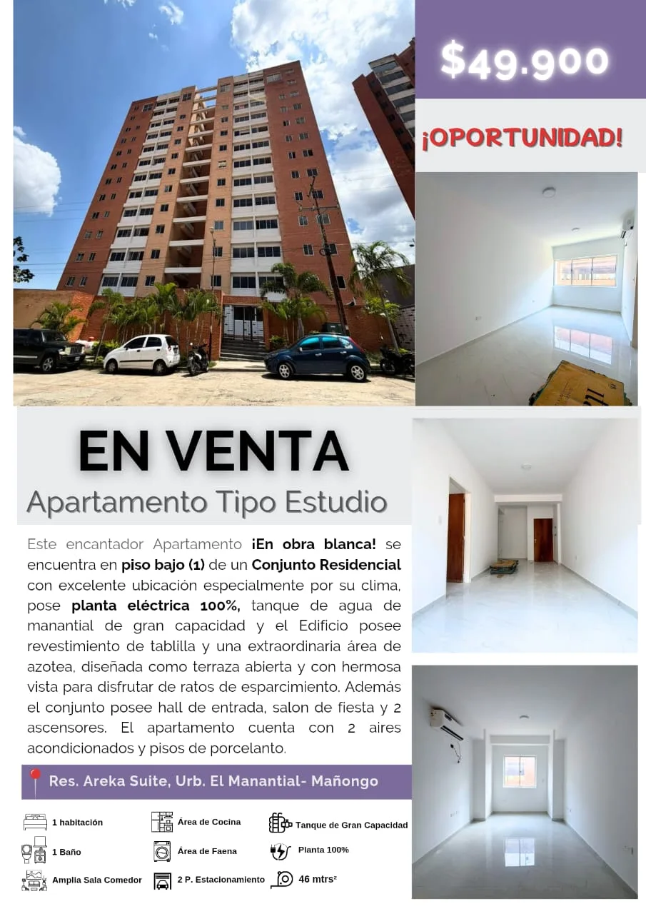 Apartamento en Venta en Urb. Manantial, Mañongo, Residencias Areka Suite — 1 hab 46m² — USD 49,900