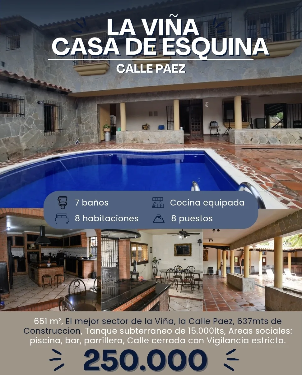 Casa en Venta en Urbanización la Viña, calle Paez — 8 hab 637m² — USD 250,000