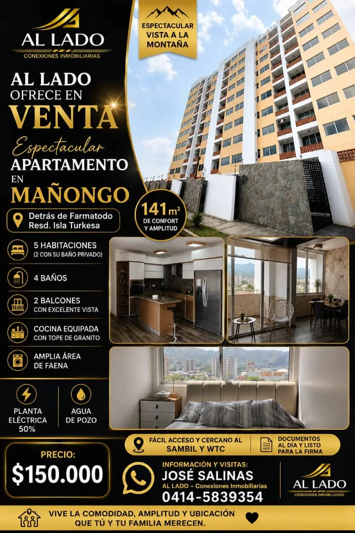 Apartamento en Venta en Mañongo, Detrás de Farmatodo – Resd. Isla Turkesa, cercano al Sambil y WTC — 5 hab 141m² — USD 150,000