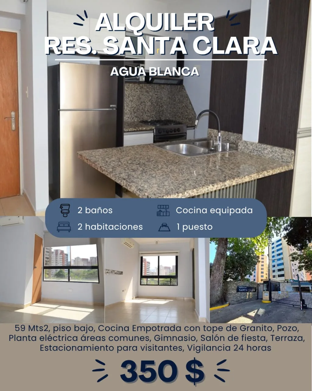 Apartamento en Alquiler en AGUA BLANCA. RES. SANTA CLARA — 2 hab 59m² — USD 350
