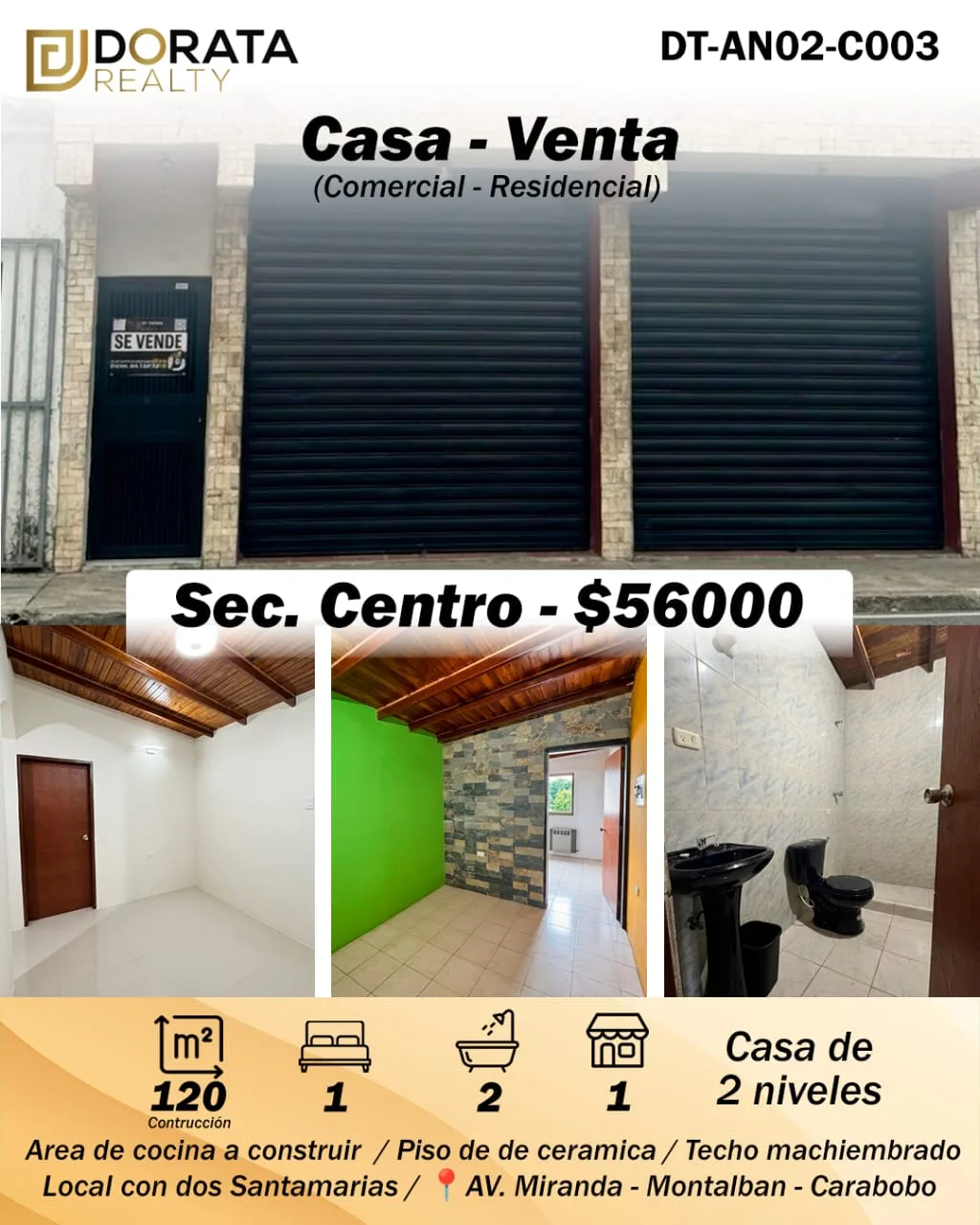 Casa en Venta en Centro, Montalbán, Carabobo — 1 hab 120m² — USD 56,000