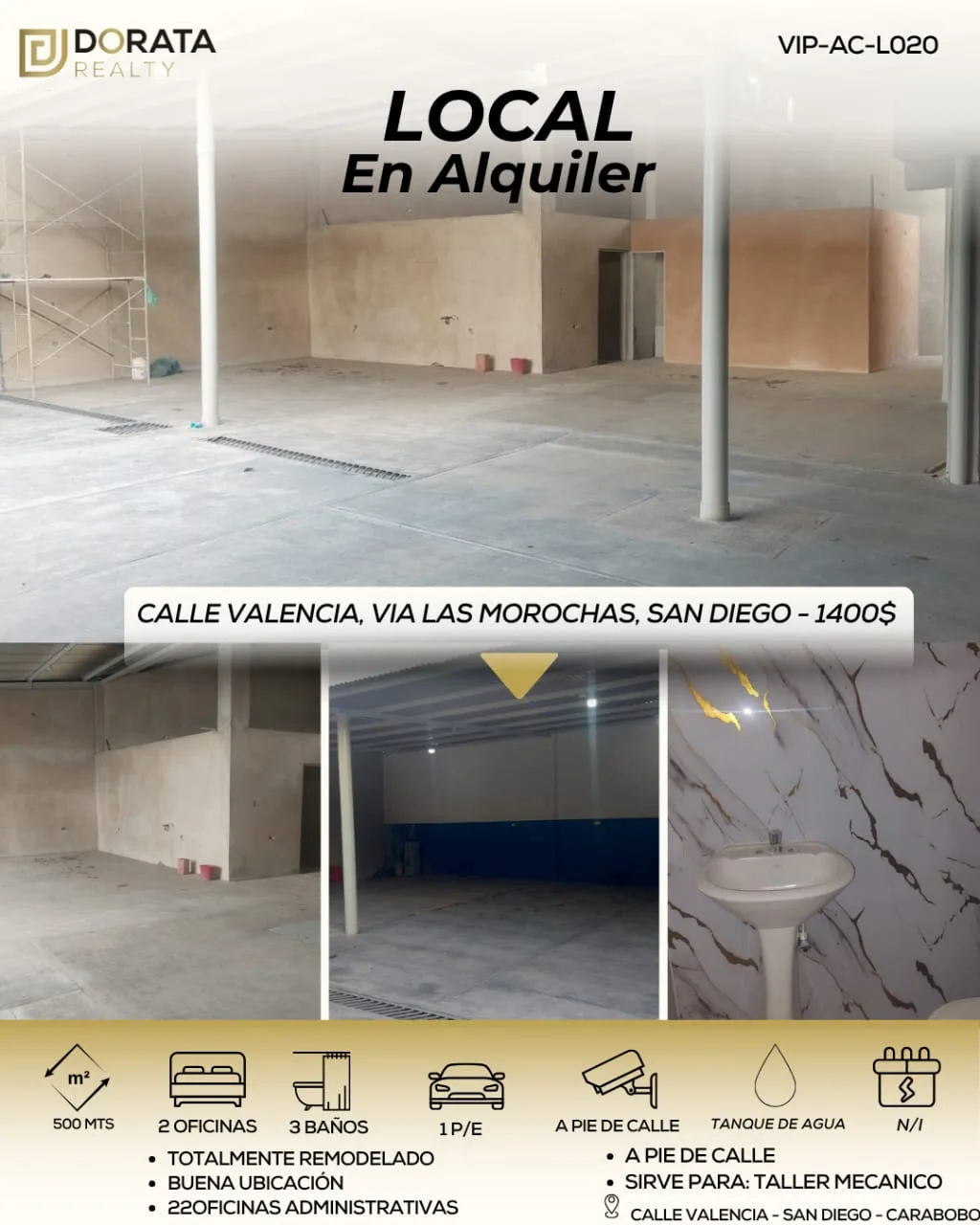 Local en Alquiler en SAN DIEGO, Cercano a la bomba de gasolina el portal, farmatodo. — 2 hab 500m² — USD 1,400