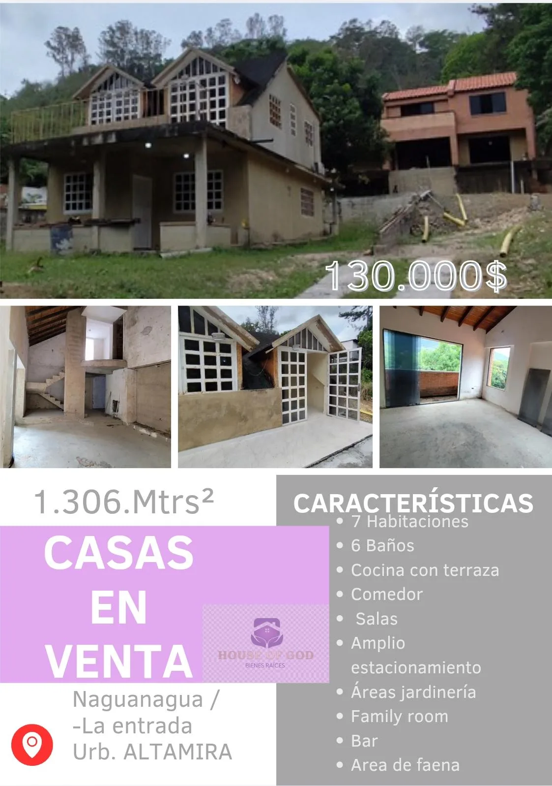 Casa en Venta en Naguanagua, sector la entrada, urbanización Altamira — 7 hab 1306m² — USD 130,000