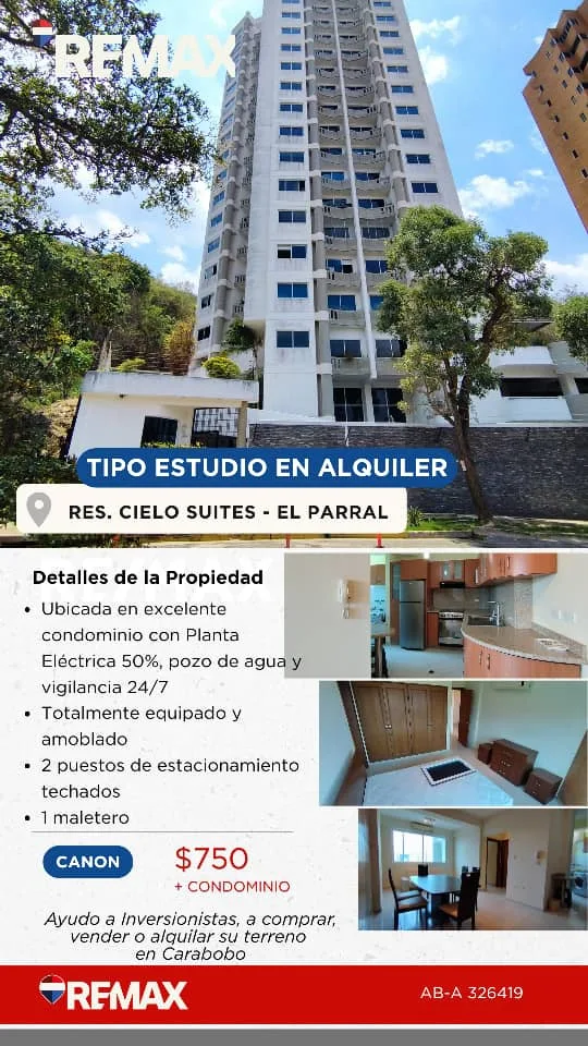 Apartamento en Alquiler en Urbanización El Parral, Residencias Cielo Suites — 1 hab 68m² — USD 750