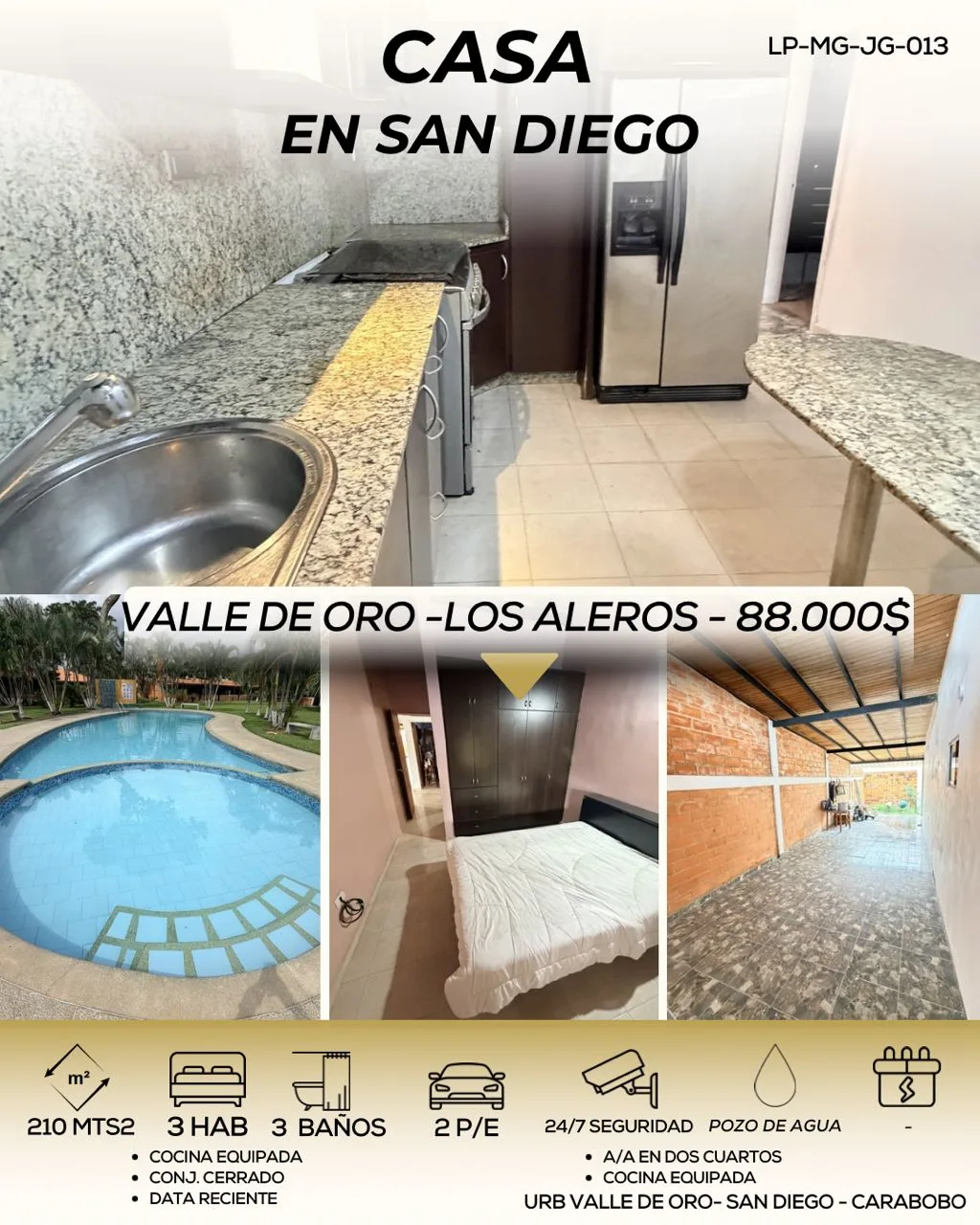 Casa en Venta en Valle de Oro, Los Aleros, San Diego, Carabobo — 3 hab 210m² — USD 88,000
