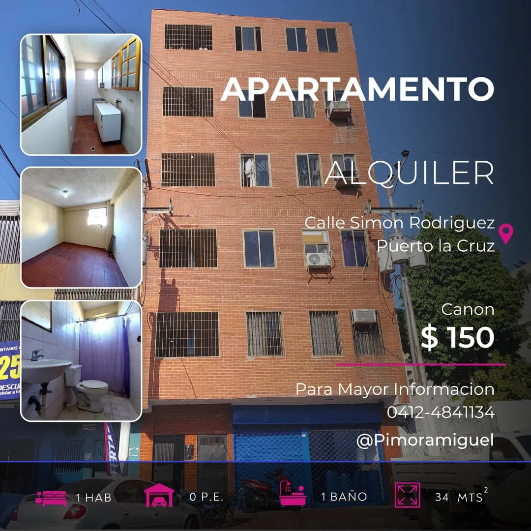 Apartamento en Alquiler en Calle Simon Rodriguez, Puerto la Cruz — 1 hab 34m² — USD 150