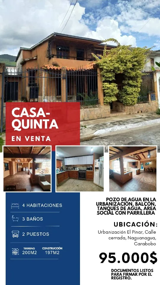 Casa en Venta en Urb. El Pinar, Naguanagua — 4 hab 197m² — USD 95,000
