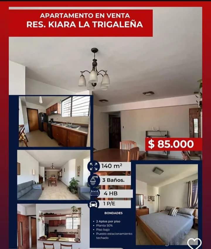 Apartamento en Venta en Urb. Trigaleña. Res. Kiara — 4 hab 141m² — USD 85,000