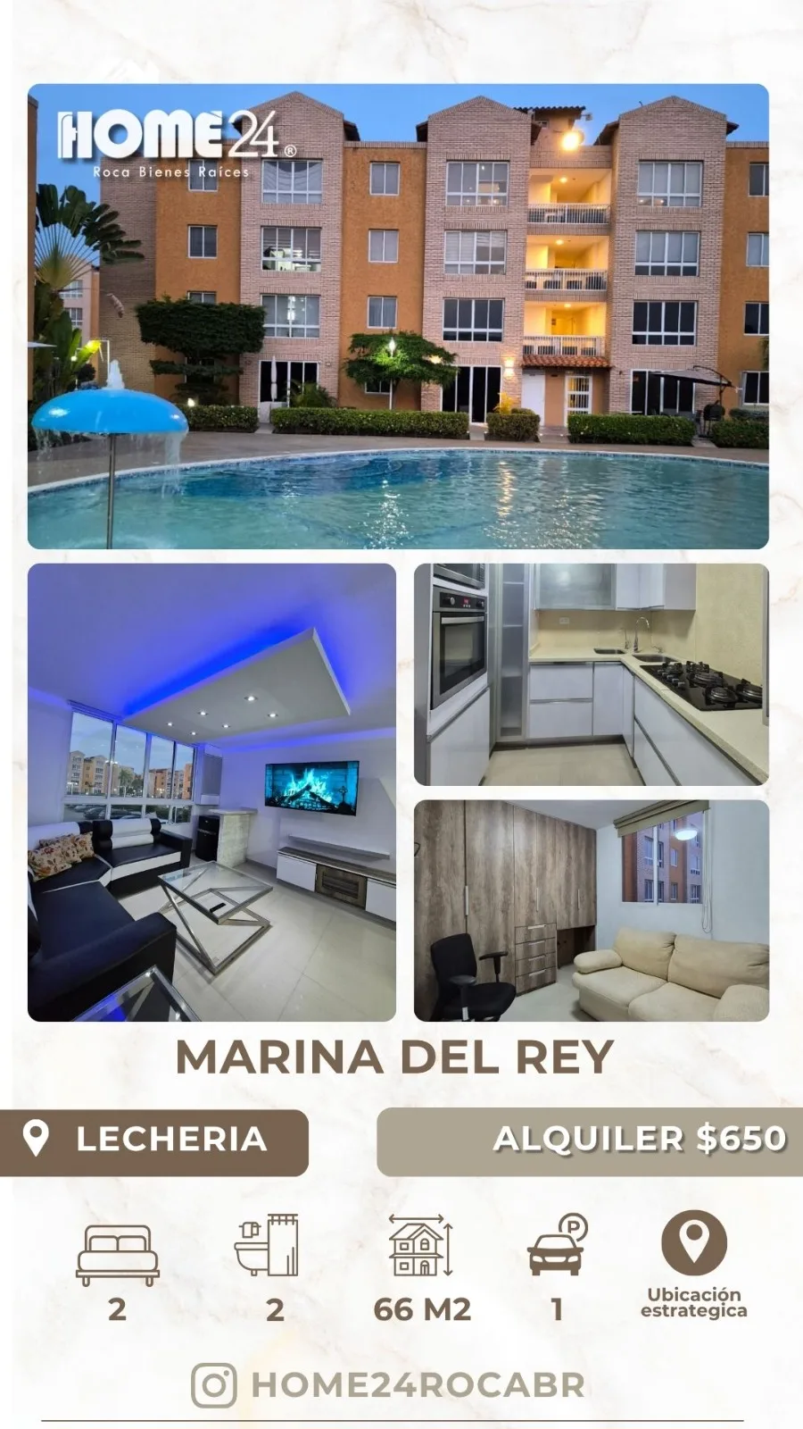Apartamento en Alquiler en Lechería, C.R. Marina del Rey — 2 hab 66m² — USD 650