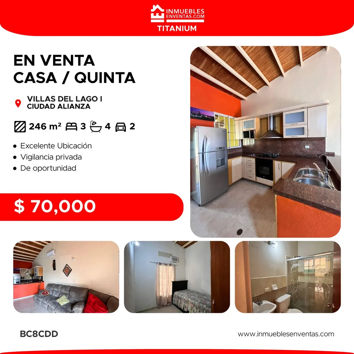 Casa en Venta en Villas del Lago I, Ciudad Alianza — 3 hab 246m² — USD 70,000
