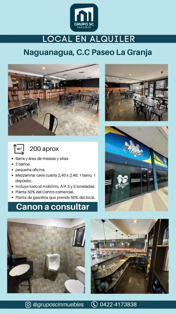 Local en Alquiler en Naguanagua, CC Paseo La Granja 200m² — Precio a consultar