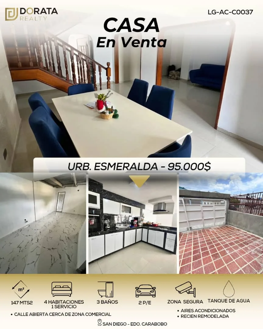 Casa en Venta en URB. LA ESMERALDA. SAN DIEGO. VALENCIA EDO. CARABOBO — 5 hab 147m² — USD 95,000
