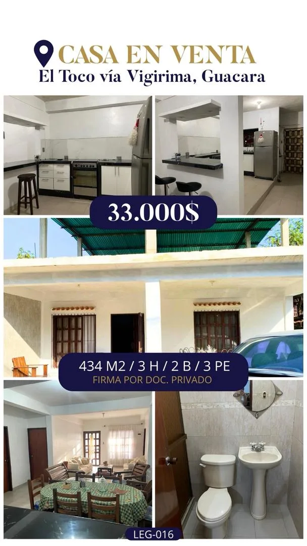 Casa en Venta en El Toco vía Vigirima, Guacara — 3 hab 434m² — USD 33,000