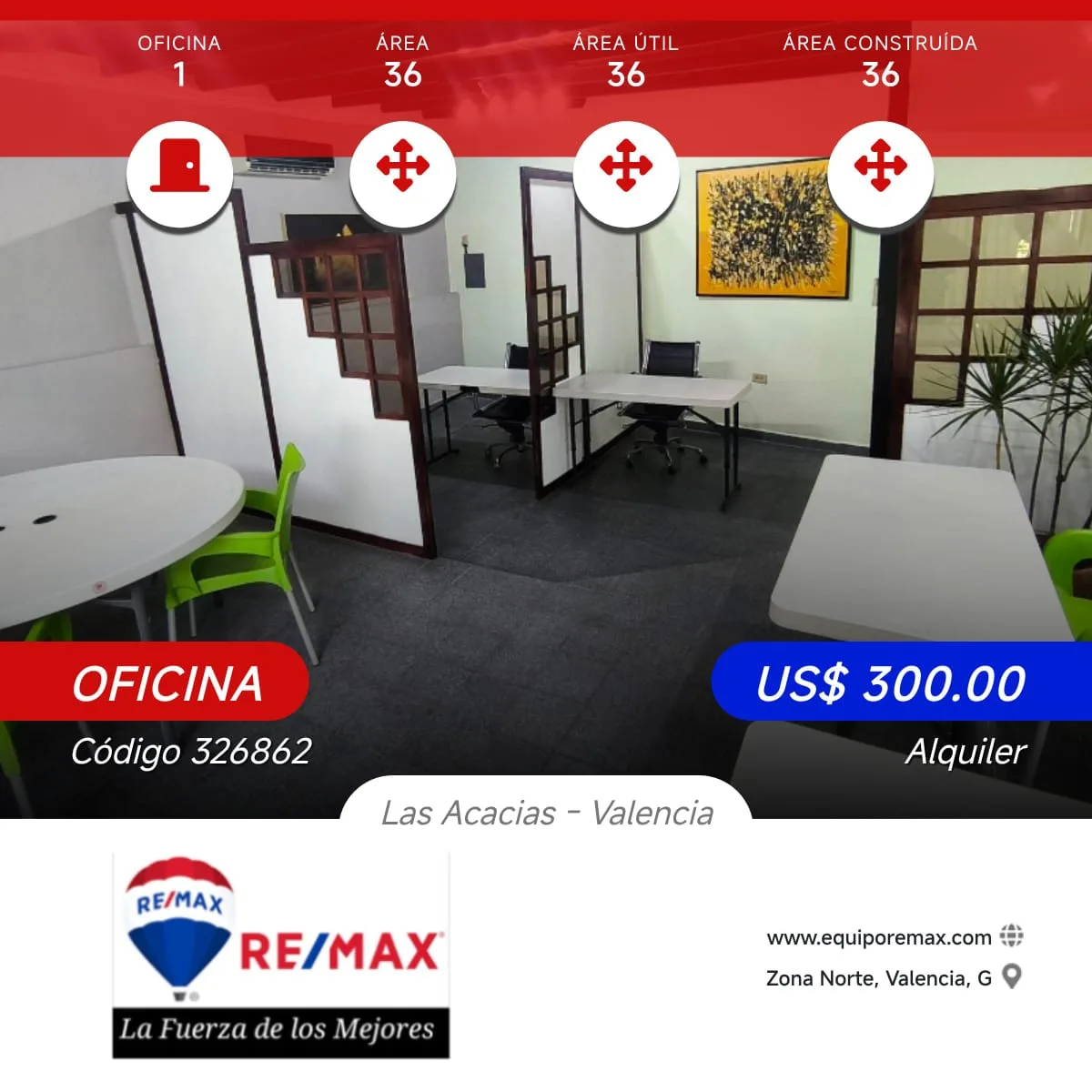 Oficina en Alquiler en Las Acacias, Zona Norte de Valencia 36m² — USD 300