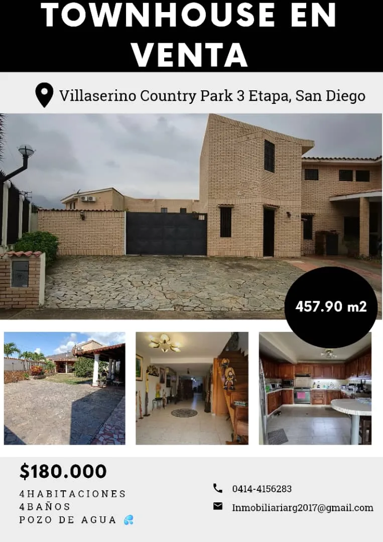 Townhouse en Venta en Villaserino Country Park III Etapa, San Diego, El Remanso — 4 hab 457m² — USD 180,000
