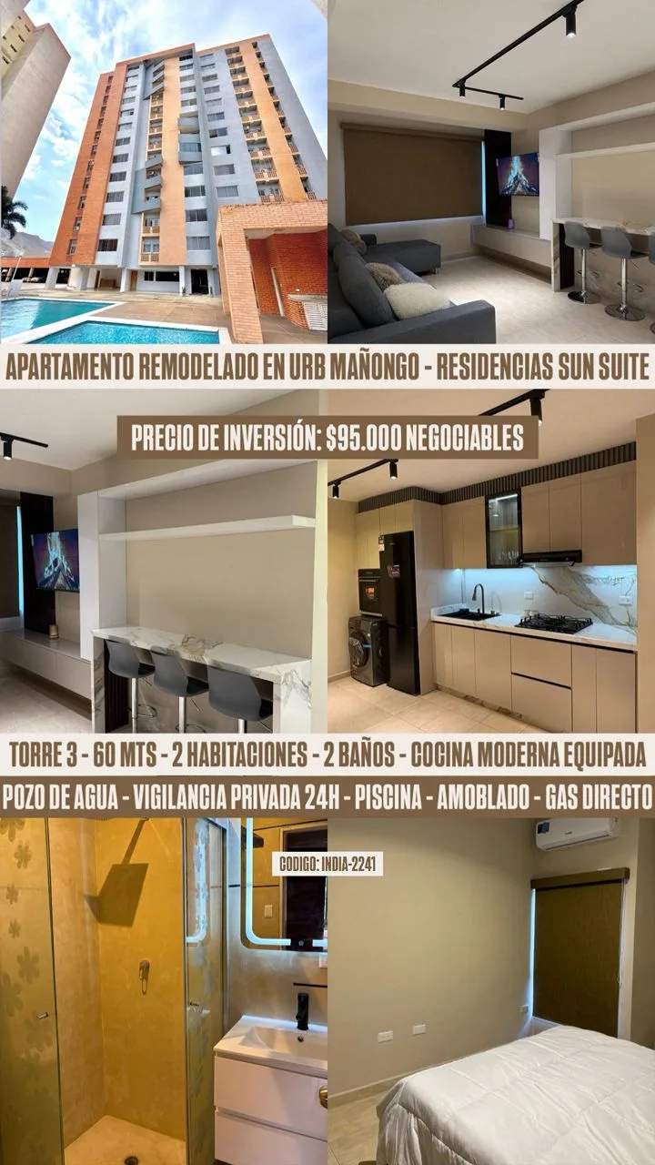 Apartamento en Venta en Urbanizacion Mañongo “Residencias Sun Suite” Naguanagua, Estado Carabobo — 2 hab 60m² — USD 95,000