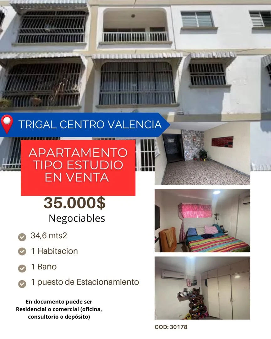 Apartamento en Venta en Trigal Centro Valencia — 1 hab 34m² — USD 35,000