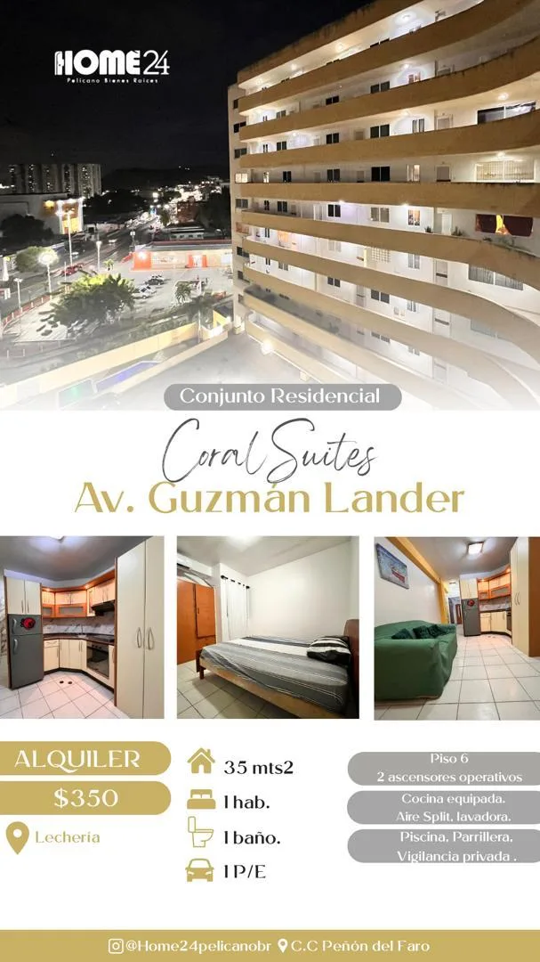 Apartamento en Alquiler en Conjunto Residencial Coral Suite, Lecheria, Avenida Guzmán Lander — 1 hab 35m² — USD 350