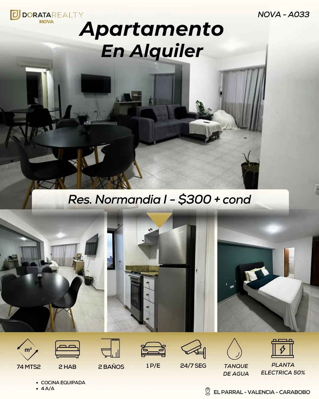 Apartamento en Alquiler en El Parral, Res. NORMANDIA 1 — 2 hab 74m² — USD 300
