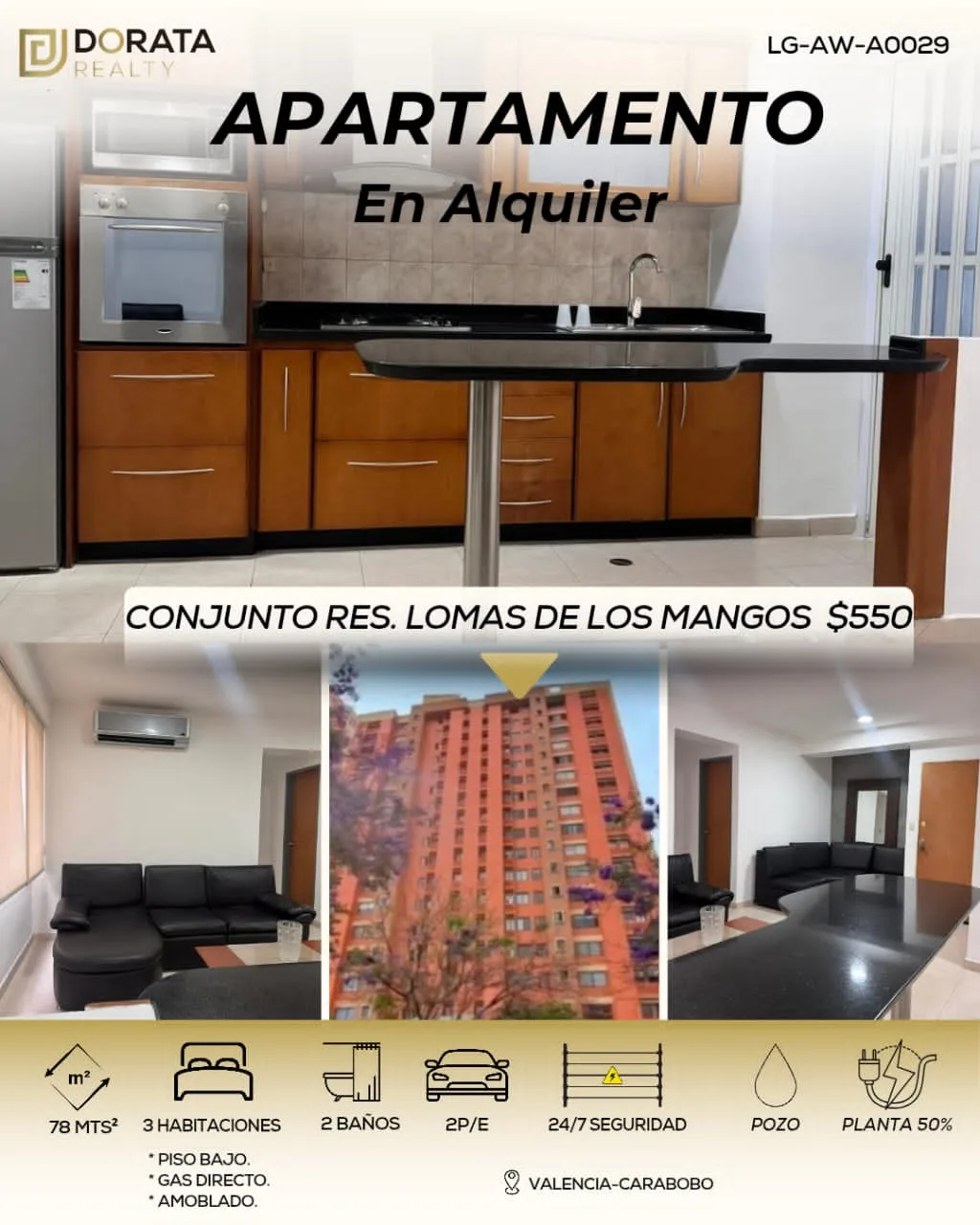 Apartamento en Alquiler en Res lomas de los mangos — 3 hab 78m² — USD 550