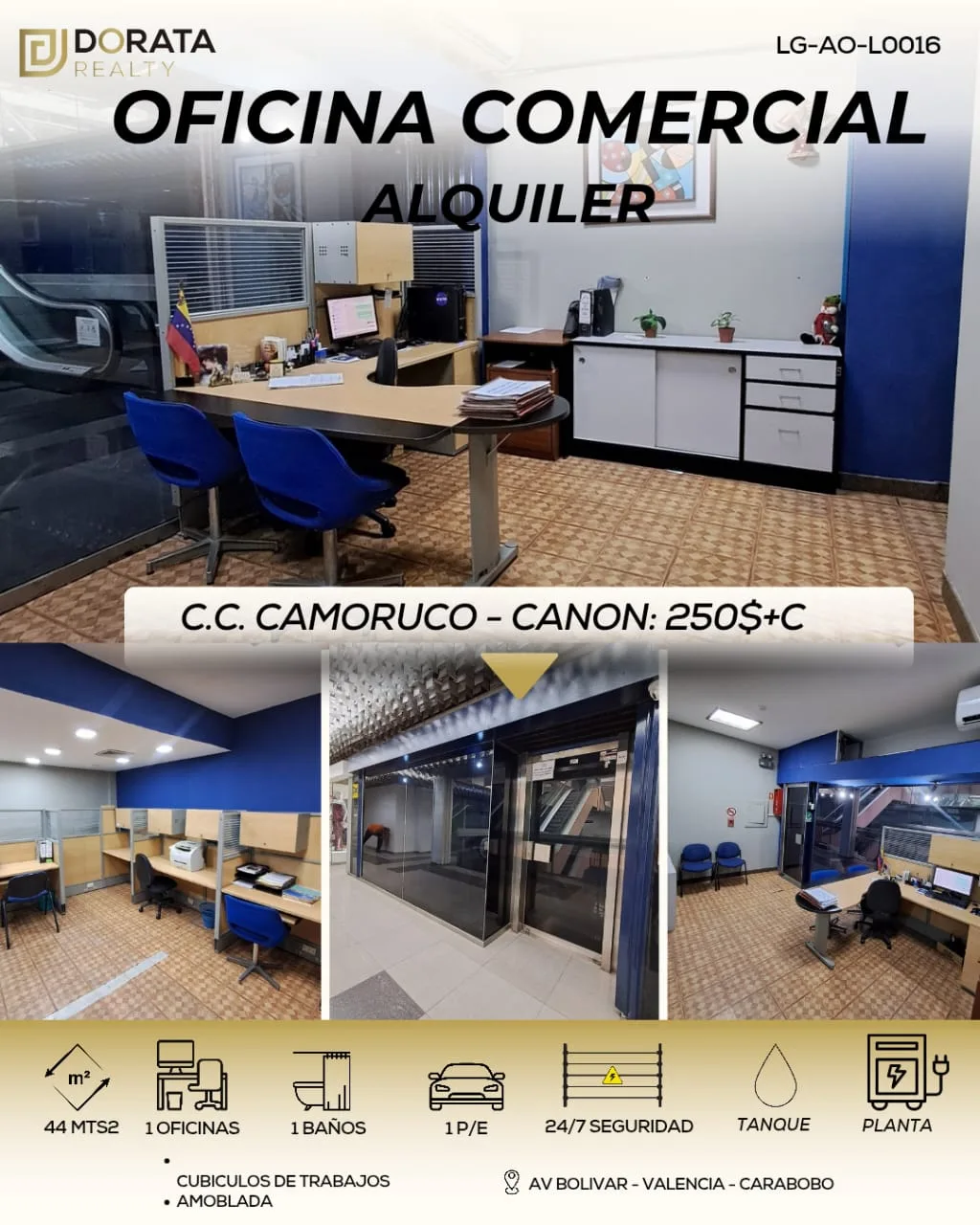 Oficina en Alquiler en Cc Camoruco av bolivar — 1 hab 44m² — USD 250