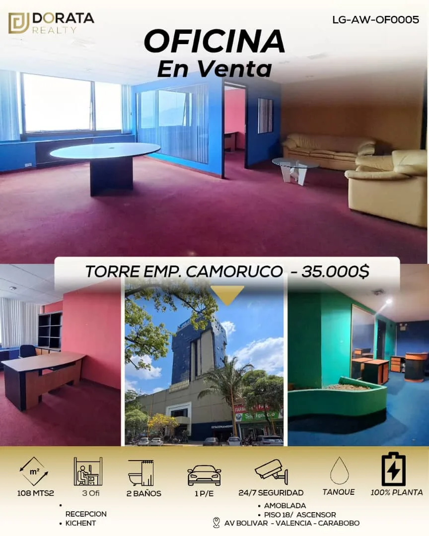 Oficina en Venta en CCP. Camoruco. Avenida Bolívar Norte, Valencia. Carabobo 108m² — USD 35,000