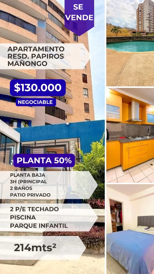 Apartamento en Venta en Residencias Papiros Mañongo — 3 hab 214m² — USD 130,000