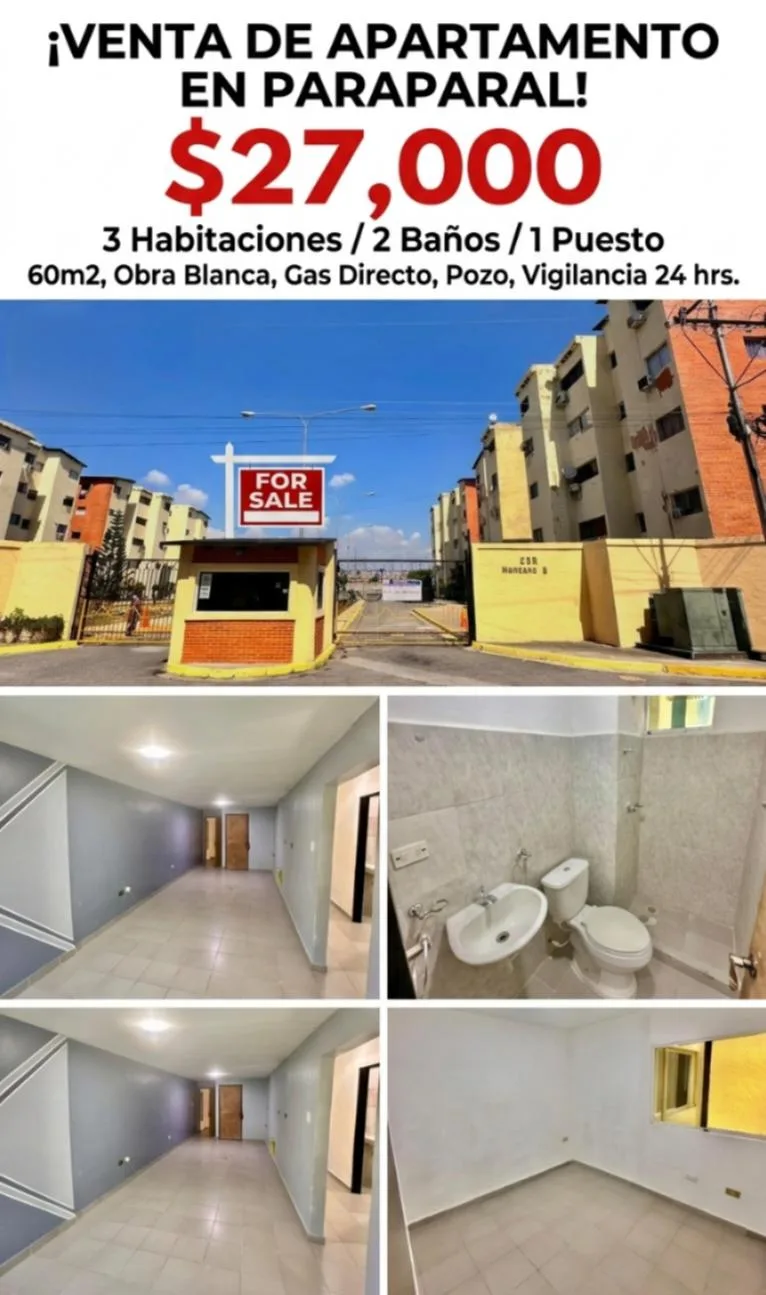 Apartamento en Venta en C.B.R BOSQUE REAL Paraparal — 3 hab 60m² — USD 27,000