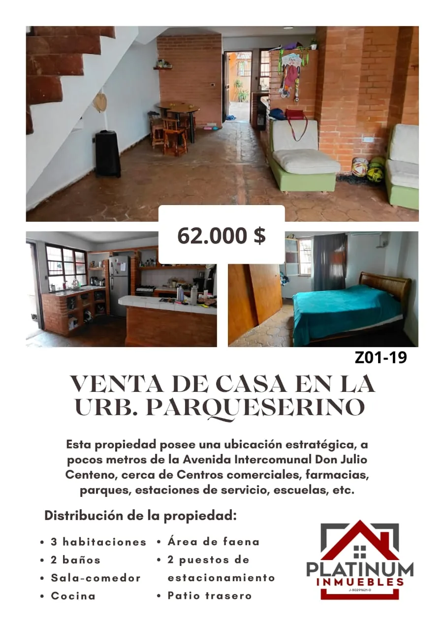 Casa en Venta en Urb. Parqueserino, cerca de la Avenida Intercomunal Don Julio Centeno — 3 hab — USD 62,000