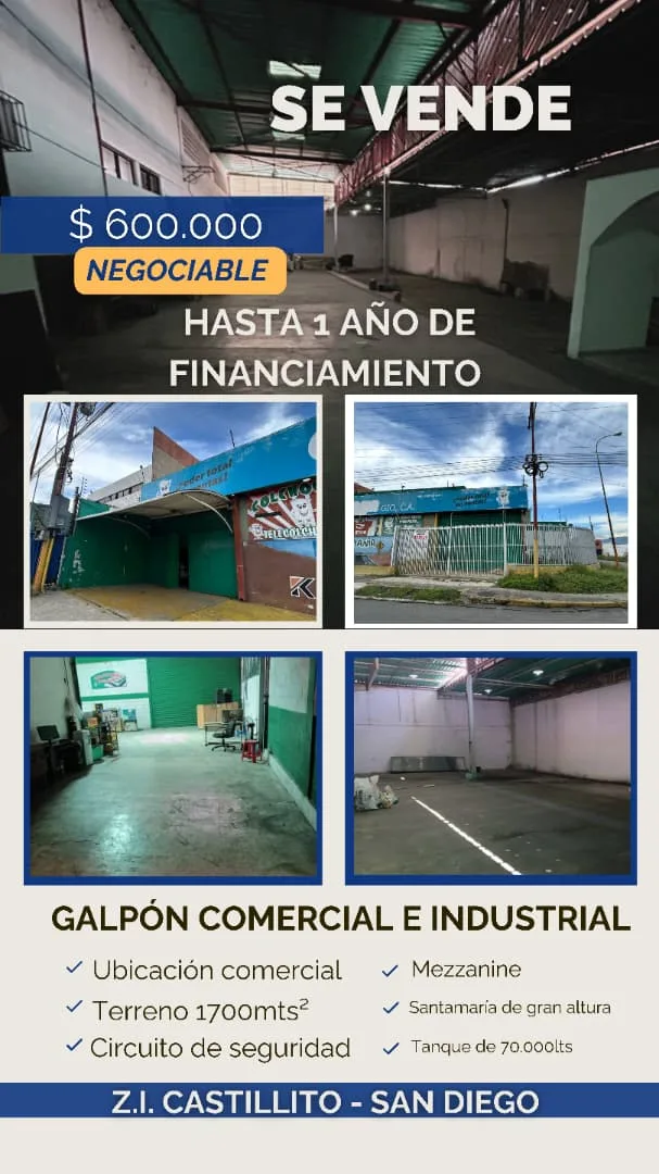 Galpón en Venta en Zona Industrial Castillito, San Diego 1700m² — USD 600,000