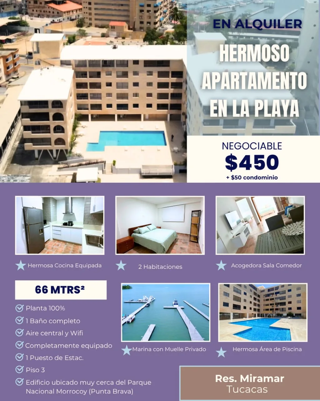 Apartamento en Alquiler en Residencia Miramar, TUCACAS — 2 hab 66m² — USD 450