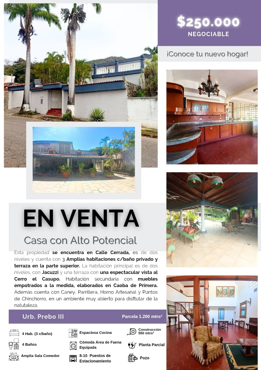 Casa en Venta en Prebo III — 6 hab 550m² — USD 250,000