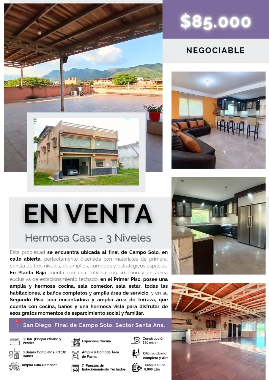 Casa en Venta en San Diego, Sector Santa Ana, La California, Campo Solo — 3 hab 720m² — USD 85,000