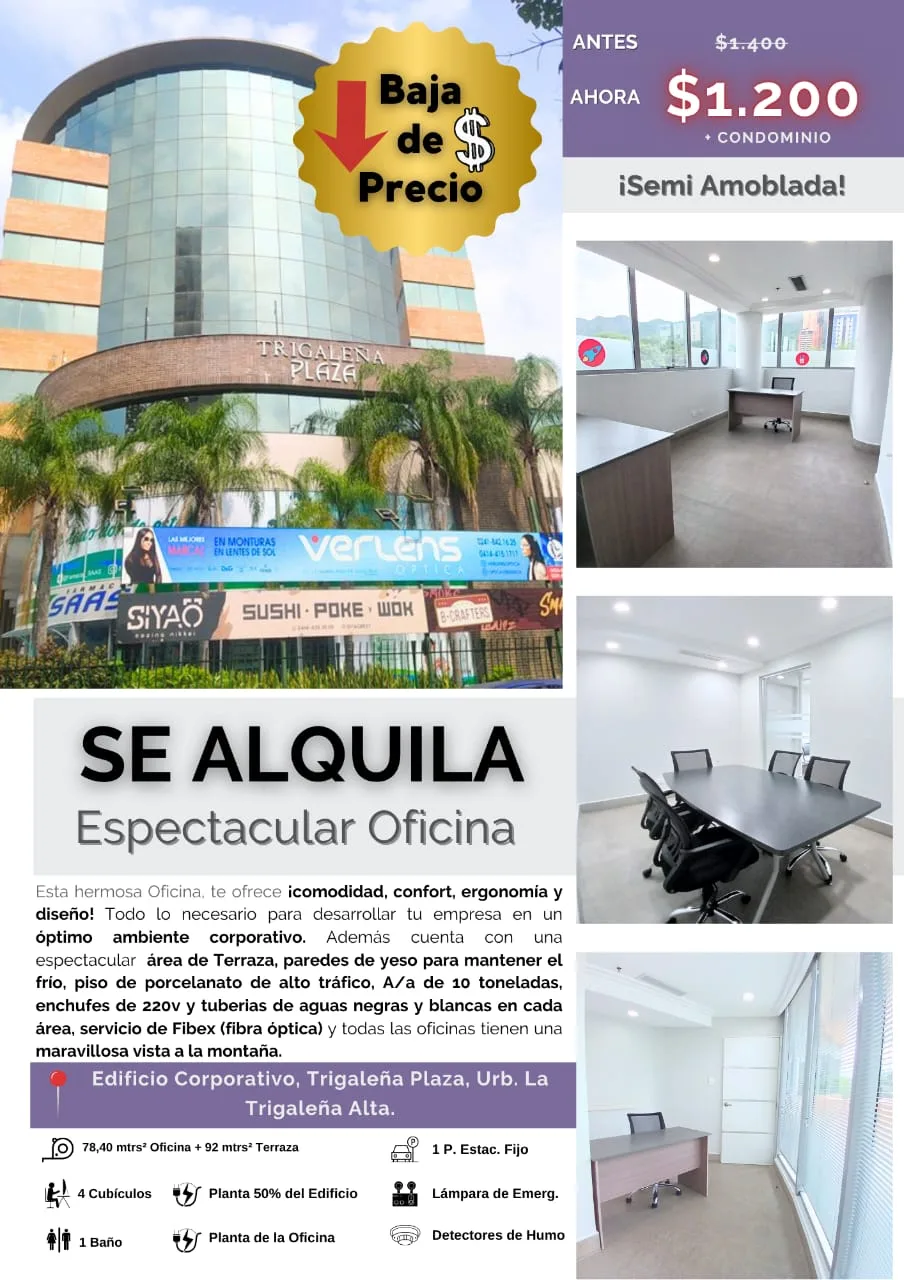 Oficina en Alquiler en Edificio Corporativo Trigaleña Plaza, Urb. La Trigaleña Alta 78m² — USD 1,200