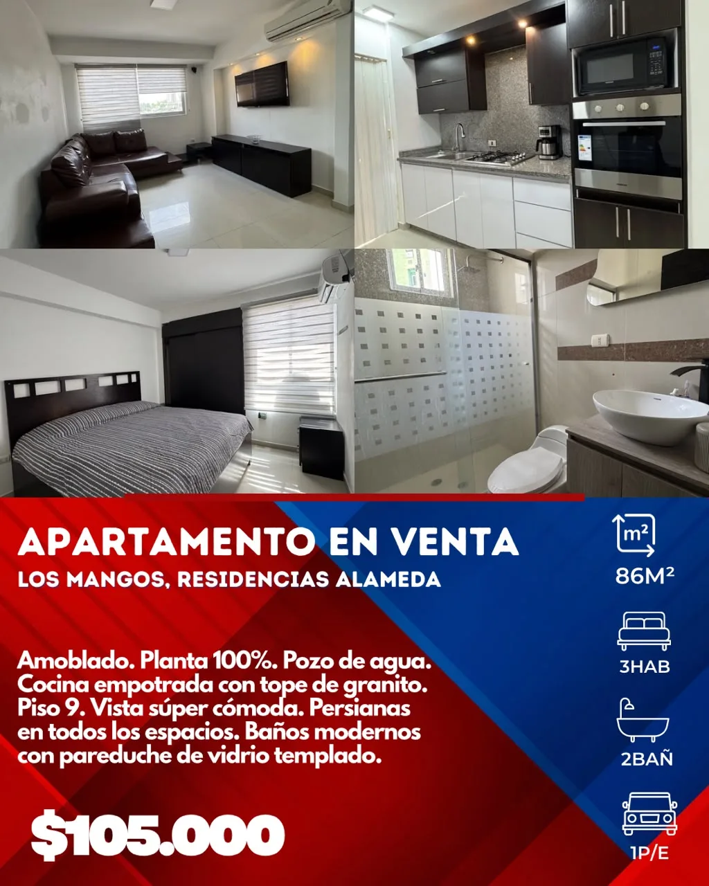 Apartamento en Venta en Residencias Alameda, Los Mangos — 3 hab 86m² — USD 105,000