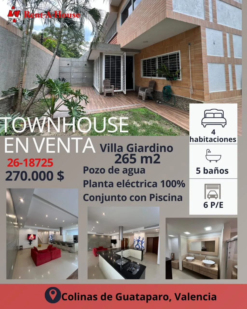 Townhouse en Venta en Colinas de Guataparo, Villa Giardino — 4 hab 265m² — USD 270,000