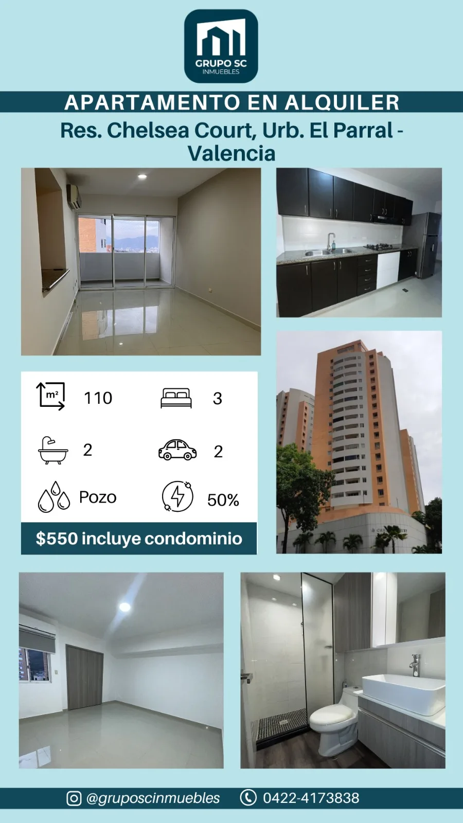 Apartamento en Alquiler en Res. Chelsea Court, Urb. El Parral, Valencia — 3 hab 110m² — USD 550
