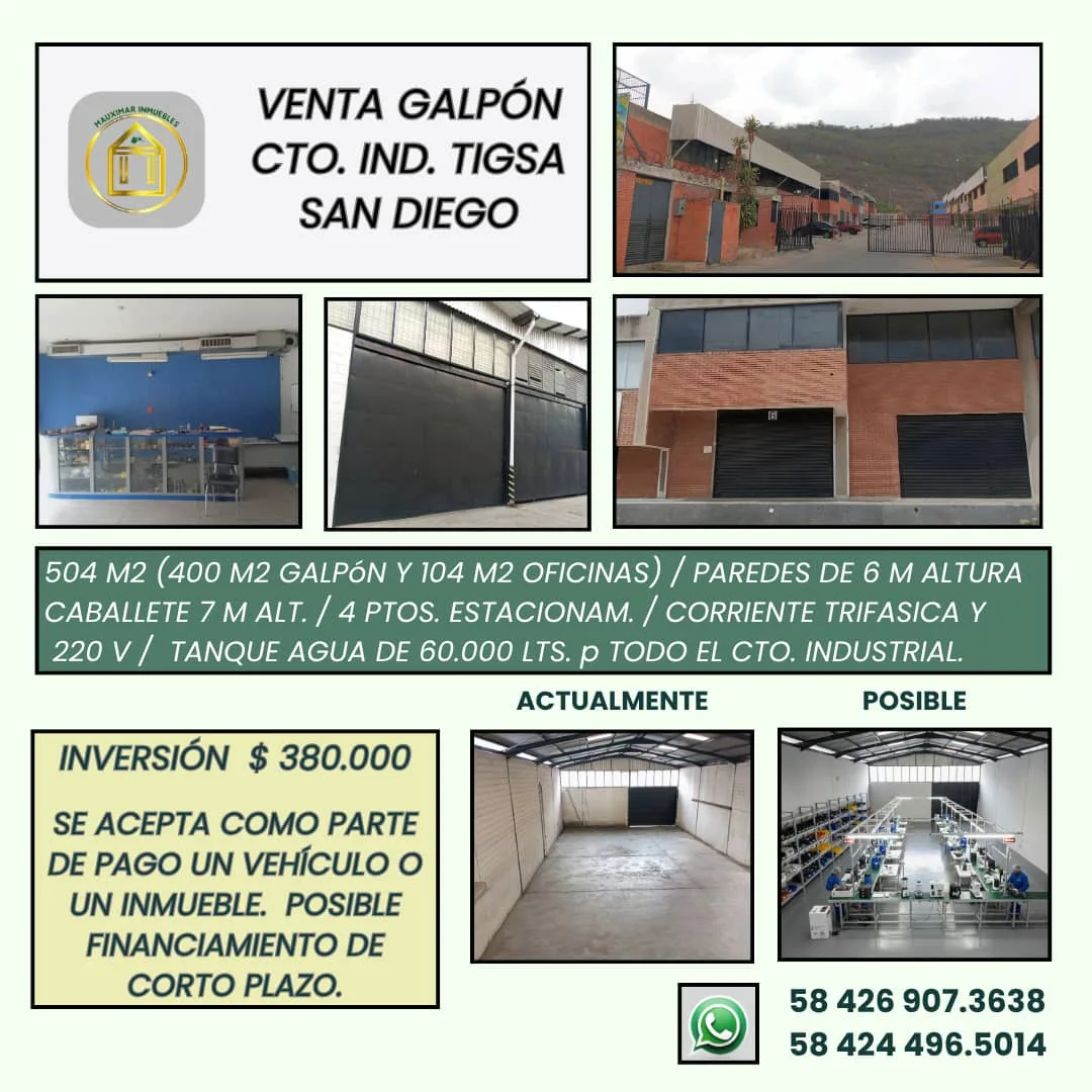 Galpón en Venta en C. Industral Tigsa, Terrazas de Castillito, San Diego 504m² — USD 380,000