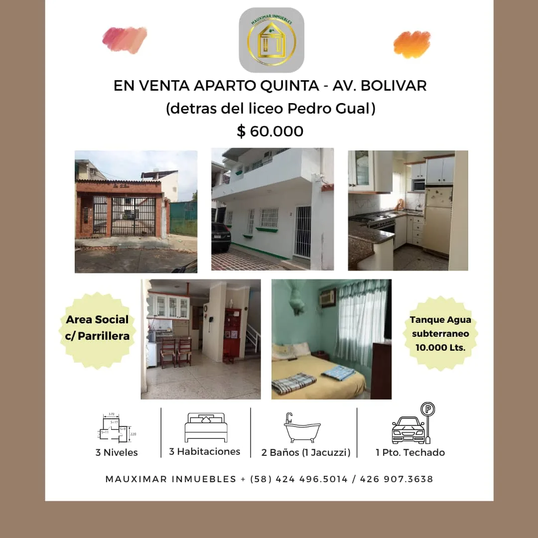 Apartamento en Venta en Av. Bolívar Norte (detrás del Liceo Pedro Gual) — 4 hab 135m² — USD 60,000