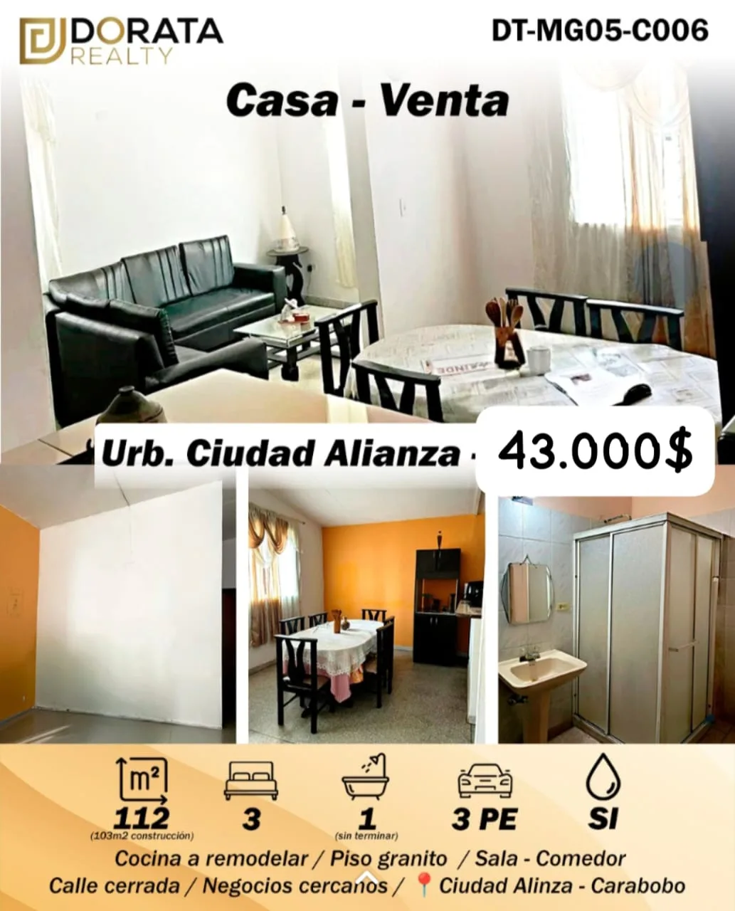 Casa en Venta en Ciudad Alianza, Guacara — 3 hab 112m² — USD 43,000