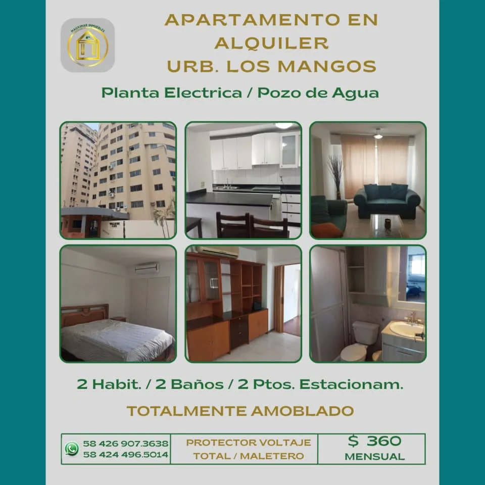 Apartamento en Alquiler en Urb. Los Mangos, Av principal — 2 hab — USD 360