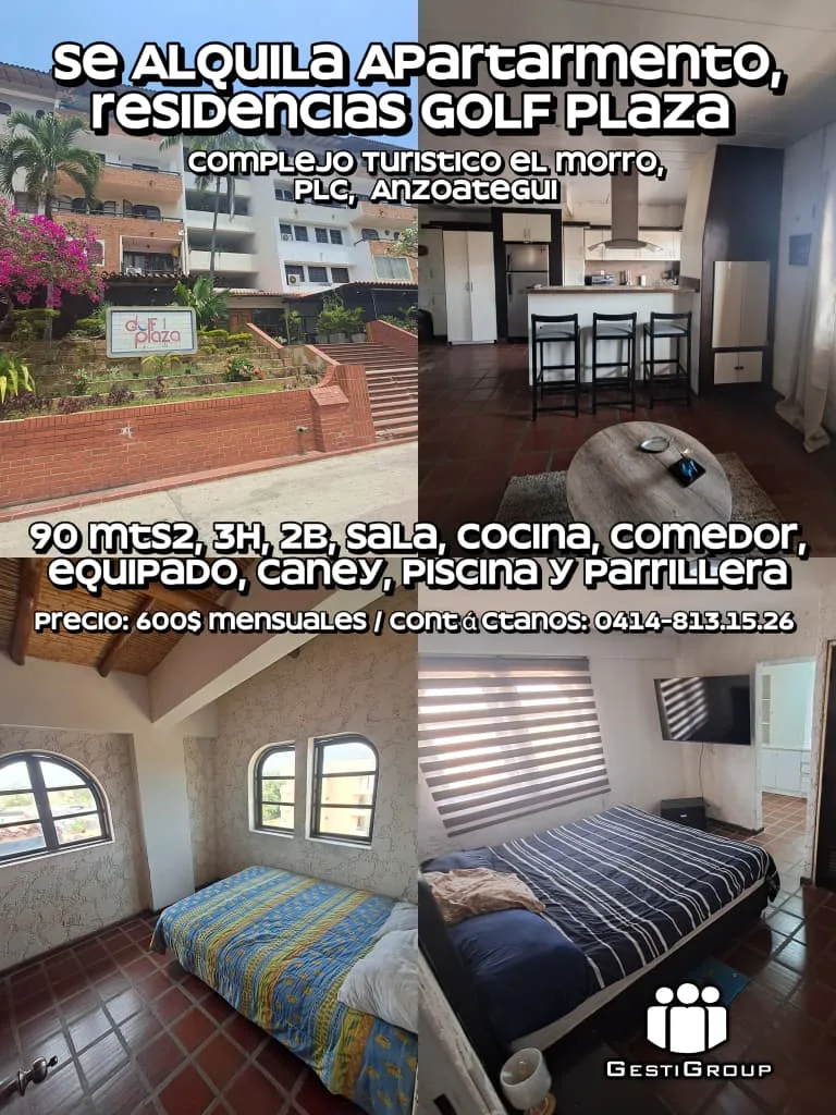 Apartamento en Alquiler en Residencias Golf Plaza – Complejo Turístico El Morro, Av. Américo Vespucio, Lechería, Anzoátegui — 3 hab 90m² — USD 600
